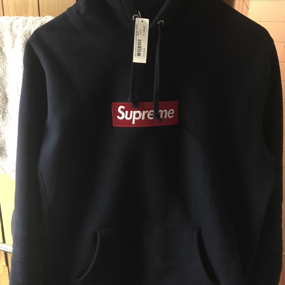 Navy Supreme Box Logo Hoodie with Tags 2016